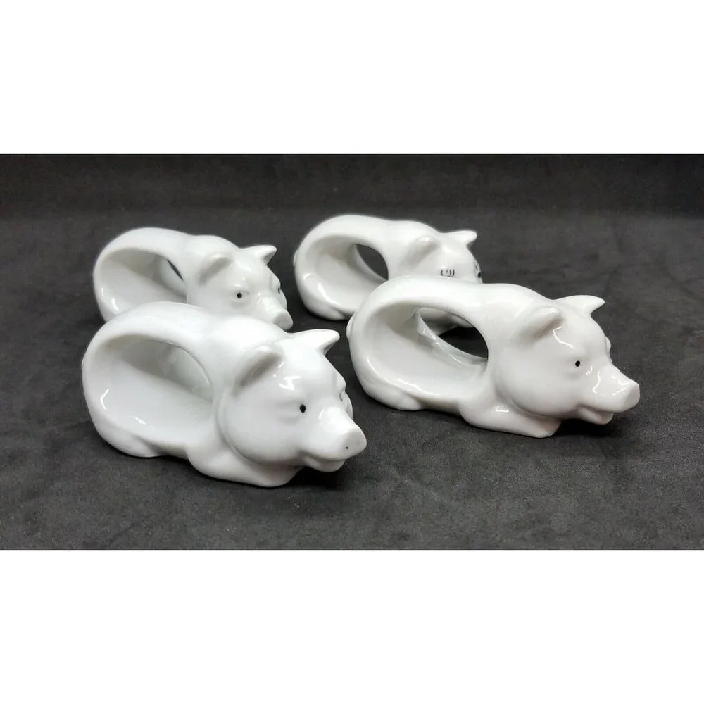 Farmhouse Pig Napkin Rings Holders Country White Porcelain Set of 4 Japan